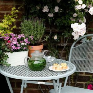 a table and chairs with flowers in the background